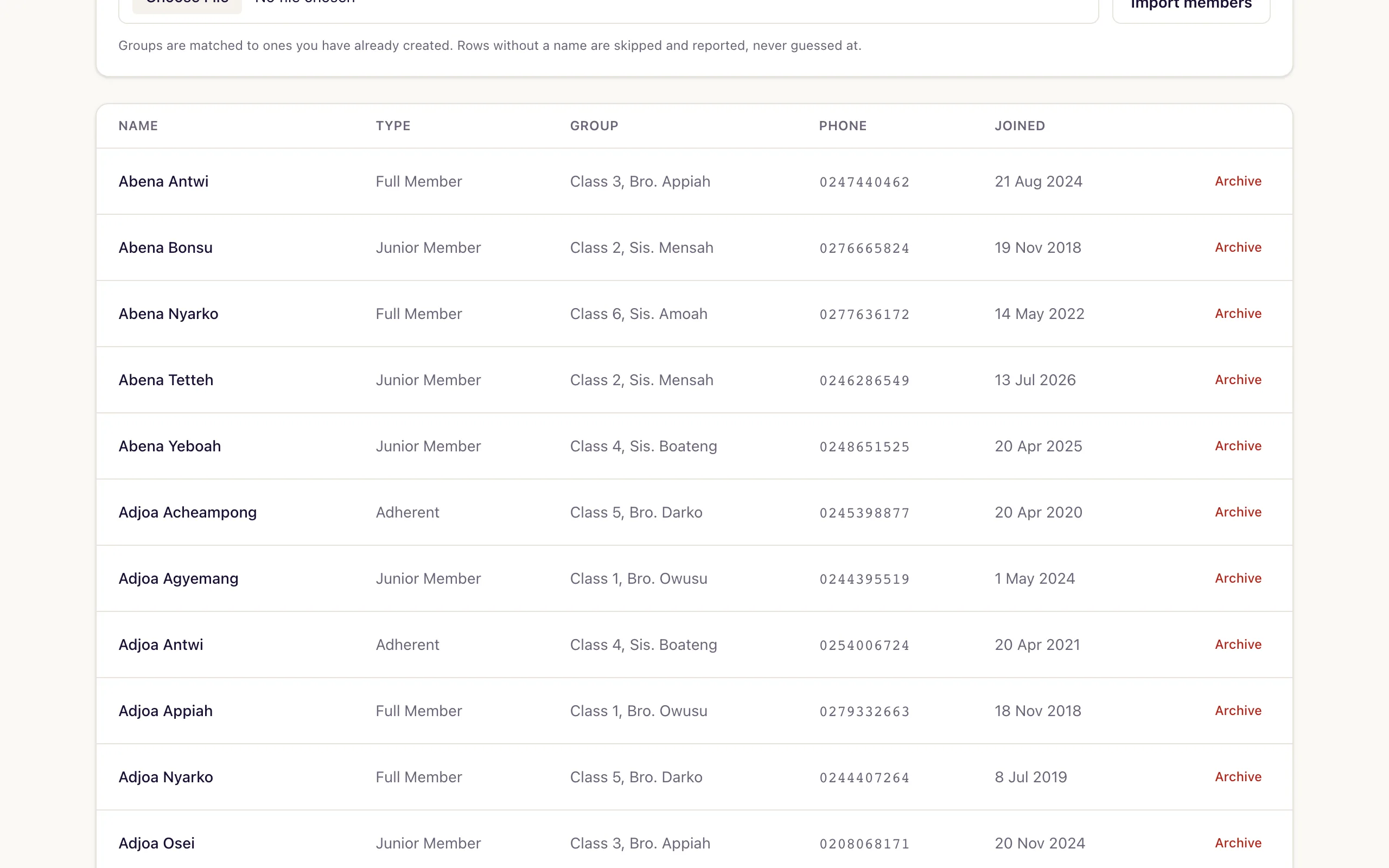 The members register in Fold, each member with their class, membership category and phone number, searchable.